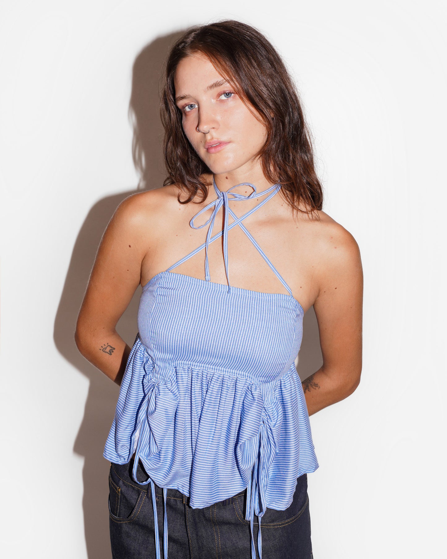 BUTTERFLY BLOUSE IN AZURE PINSTRIPE